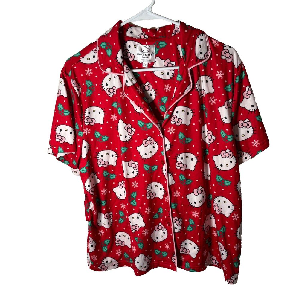 Hello Kitty Pajama Top Women's Large Red Logo Christmas Red Holly Button Up